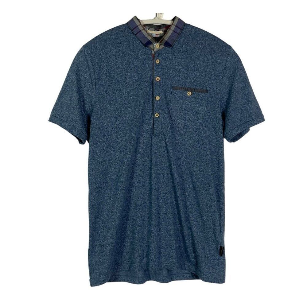 Ted Baker London Men's Polo Shirt Size M Blue Cotton Blend Plaid Collar